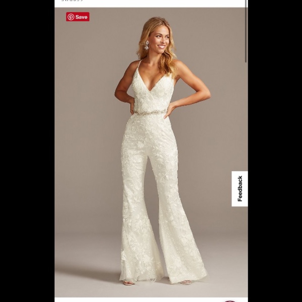 Davids bridal Floral Overlay Flare Leg Sequin Wedding Jumpsuit